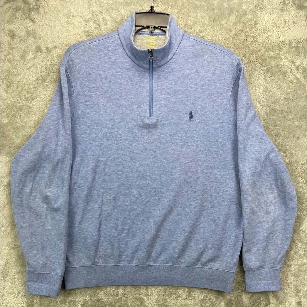 Polo Ralph Lauren Mens Pullover Shirt Sz L Blue 1/4 Zip Long Sleeve Cotton Blend